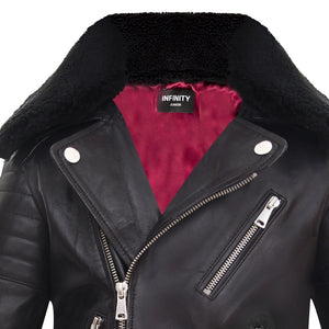 Kurtka bikerska skórzana chłopięca Brando na krzyżowy zamek czarna z futrzanym kołnierzem - TruClothing.com - 3