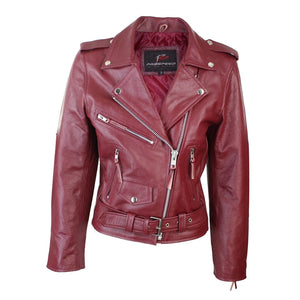 Brando Women's Black Red White Classic Biker Motorcycle Motorbike Hide Leather Jacket - Burgundy - Infinity Leather - 6