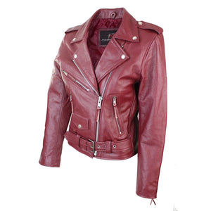 Brando Women's Black Red White Classic Biker Motorcycle Motorbike Hide Leather Jacket - Burgundy - Infinity Leather - 7