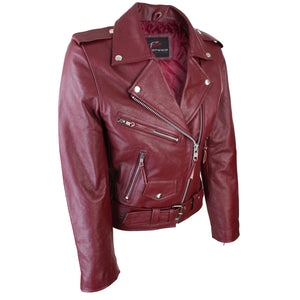 Brando Women's Black Red White Classic Biker Motorcycle Motorbike Hide Leather Jacket - Burgundy - Infinity Leather - 8