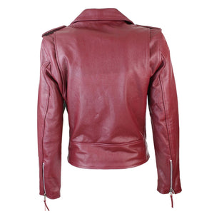 Brando Women's Black Red White Classic Biker Motorcycle Motorbike Hide Leather Jacket - Burgundy - Infinity Leather - 9