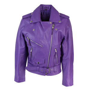 Brando Women's Black Red White Classic Biker Motorcycle Motorbike Hide Leather Jacket - Purple - Infinity Leather - 23