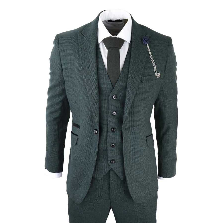 Herrenanzug 3 Teilig Grün Kariert Olive Tweed Fischgräte Design Hochzeit Party - House of Cavani - 1