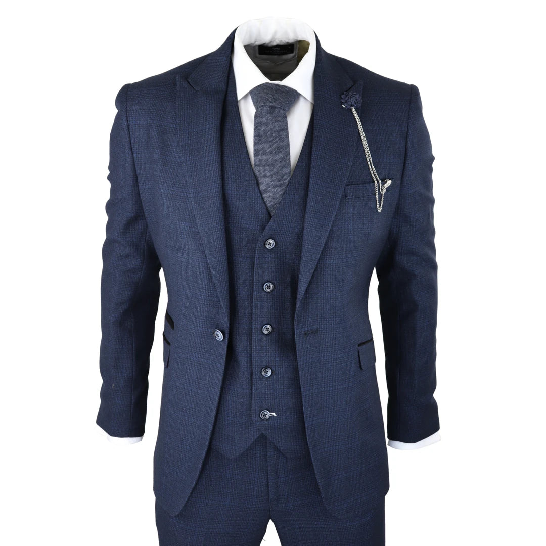 Traje tweed de 3 piezas con tejido de espiga color azul marino al estilo para hombre - House of Cavani - 1