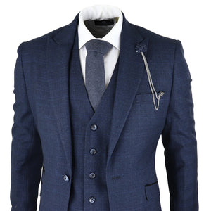 Traje tweed de 3 piezas con tejido de espiga color azul marino al estilo para hombre - House of Cavani - 3