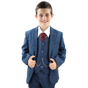 Carnegi - Boys 3 Piece Blue Tweed Check Kids Classic Suit - House of Cavani - 1