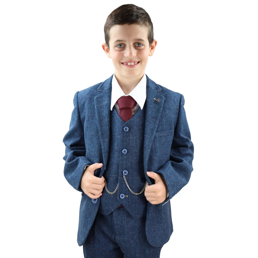 Carnegi - Boys 3 Piece Blue Tweed Check Kids Classic Suit - House of Cavani - 1
