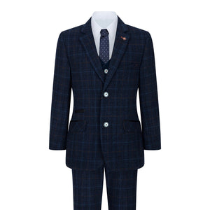 Jungenanzug 3 Teilig Marineblau kariert Hochzeit Abschlussball formelle Passform - House of Cavani - 1