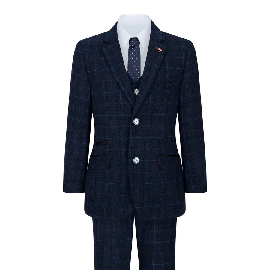 Traje azul marino de 3 piezas con cuadros ideal para bodas u otras ocasiones formales para niños - House of Cavani - 1