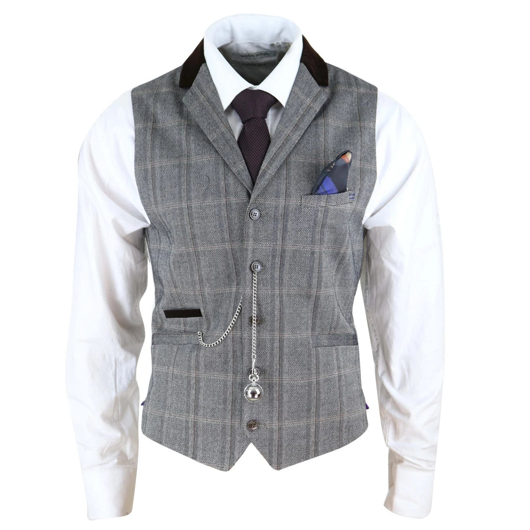 Connall - Men's Herringbone Tweed Check Waistcoat Pocket Watch Blinders - Brown - House of Cavani - 1