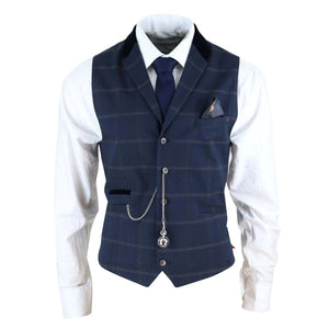 Connall - Men's Herringbone Tweed Check Waistcoat Pocket Watch Blinders - Navy - House of Cavani - 9