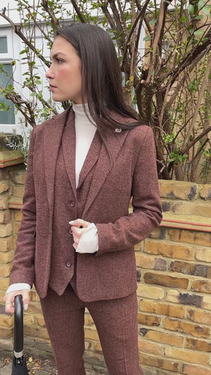 WS-12 - Women's Tweed Suit Blazer Trousers Waistcoat Herringbone Wool Rust Brown-Model: Blazer-Size: UK 8-