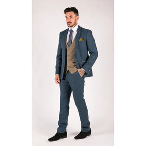 Herrenanzug 3 Teilig Blau Tweed Fischgräte Design Vinage Retro Tailored Fit - Marc Darcy - 2
