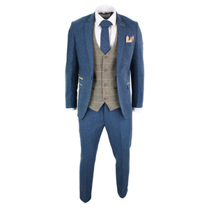 Herrenanzug 3 Teilig Blau Tweed Fischgräte Design Vinage Retro Tailored Fit - Marc Darcy - 3