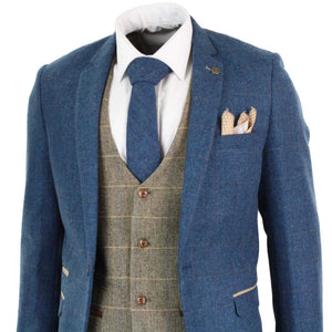 Herrenanzug 3 Teilig Blau Tweed Fischgräte Design Vinage Retro Tailored Fit - Marc Darcy - 4