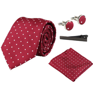 Krawatte Geschenkset Einstecktuch Manschettenknöpfe Krawattennadel Polka Dot Satin - Burgund - Paul Andrew - 7