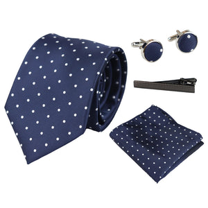 Krawatte Geschenkset Einstecktuch Manschettenknöpfe Krawattennadel Polka Dot Satin - Marineblau - Paul Andrew - 1