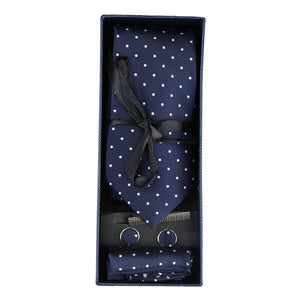Krawatte Geschenkset Einstecktuch Manschettenknöpfe Krawattennadel Polka Dot Satin - Marineblau - Paul Andrew - 2