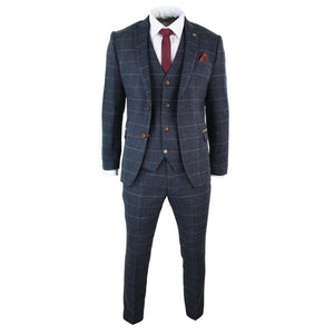 Eton - Herren Marineblau Wein Karo Fischgrät Tweed 3-teiliges Anzug - Marc Darcy - 3