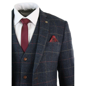 Eton - Herren Marineblau Wein Karo Fischgrät Tweed 3-teiliges Anzug - Marc Darcy - 4