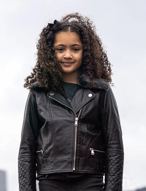 Girls Kids Real leather Biker Style Jacket Cross Zip Black Fur Collar Age 1 - 13 - Grey - Infinity Leather - 7