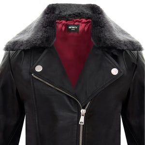 Girls Kids Real leather Biker Style Jacket Cross Zip Black Fur Collar Age 1 - 13 - Grey - Infinity Leather - 8