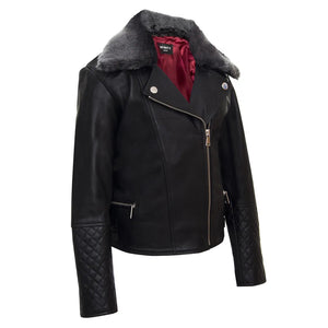 Girls Kids Real leather Biker Style Jacket Cross Zip Black Fur Collar Age 1 - 13 - Grey - Infinity Leather - 9