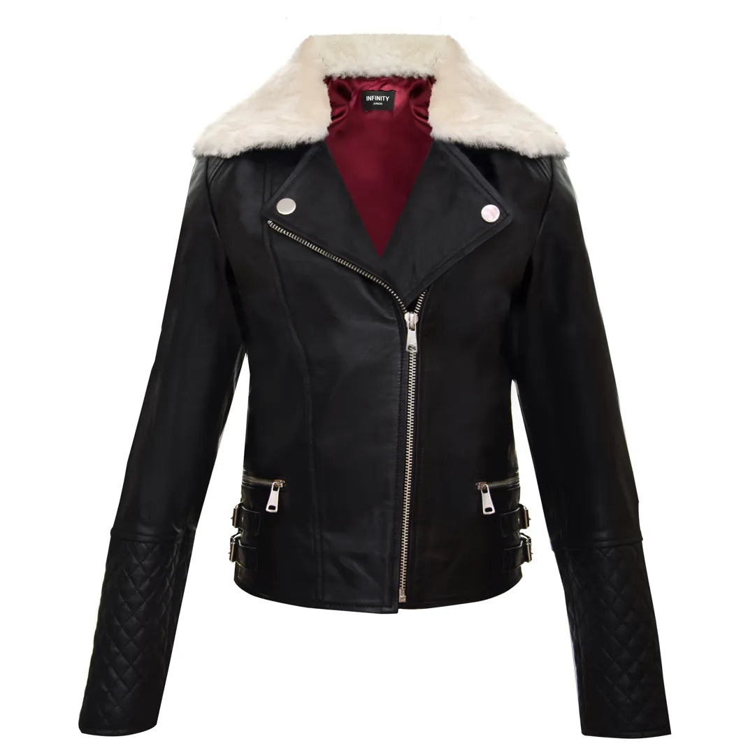 Girls Kids Real leather Biker Style Jacket Cross Zip Black Fur Collar Age 1 - 13 - Infinity Leather - 1