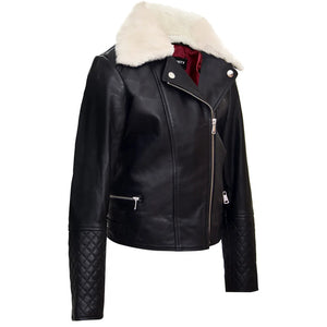 Girls Kids Real leather Biker Style Jacket Cross Zip Black Fur Collar Age 1 - 13 - Infinity Leather - 3