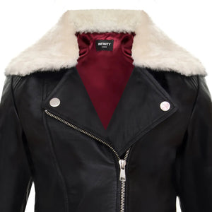 Girls Kids Real leather Biker Style Jacket Cross Zip Black Fur Collar Age 1 - 13 - Infinity Leather - 4