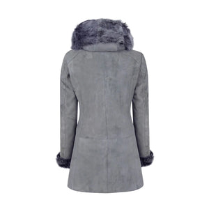Grey Women's Long Suede Toscana Sheepskin Coat Zipped Hood - Infinity Leather - 11