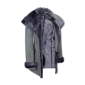 Grey Women's Long Suede Toscana Sheepskin Coat Zipped Hood - Infinity Leather - 2
