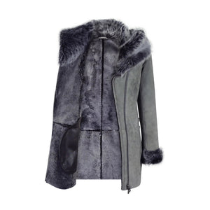 Grey Women's Long Suede Toscana Sheepskin Coat Zipped Hood - Infinity Leather - 4