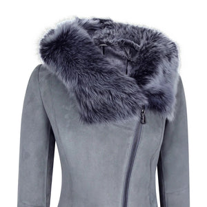 Grey Women's Long Suede Toscana Sheepskin Coat Zipped Hood - Infinity Leather - 8