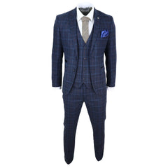 Harvey- Men's Boys Navy Blue Tweed Check 3 Piece Suit