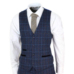 Harvey- Men's Boys Navy Blue Tweed Check 3 Piece Suit