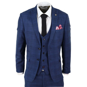 Herrenanzug 3 Teilig Blau Vintage Retro Klassisch Prince OF Wales Design - Marc Darcy - 1