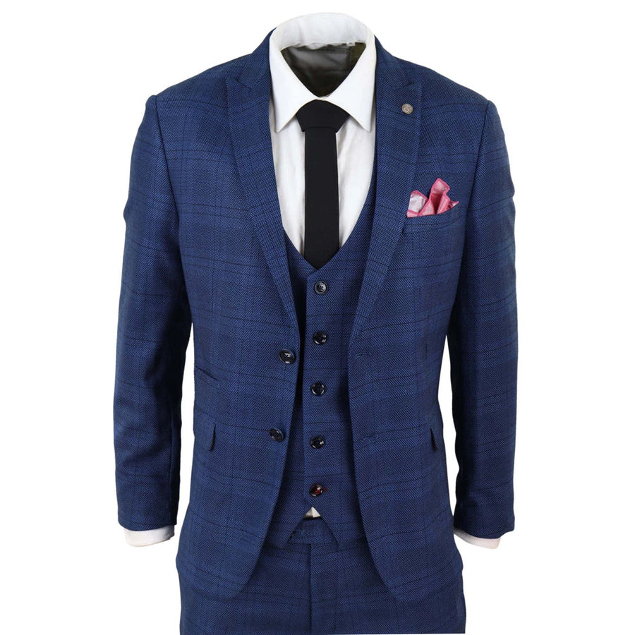 Abito Retro Vintage da Uomo 3 Pezzi Scacchi Principe di Galles Blu - Marc Darcy - 1