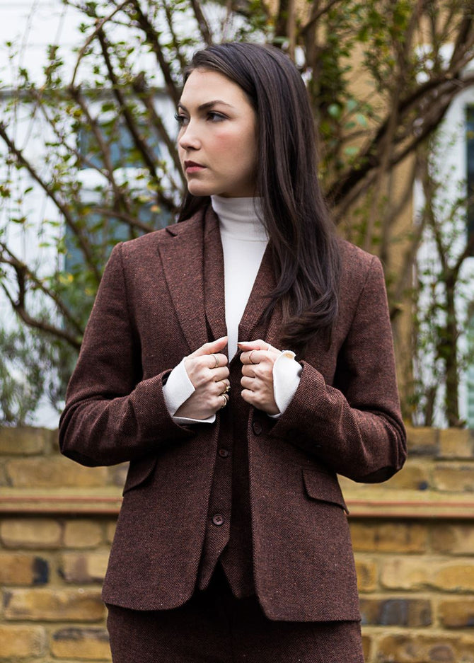 WS-12 - Women's Tweed Suit Blazer Trousers Waistcoat Herringbone Wool Rust Brown