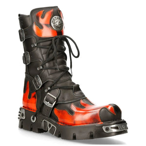 M591-S1 NEWROCK New Rock RED FLAME METALLIC BLACK LEATHER BOOT BIKER GOTH BOOTS - New Rock - 3
