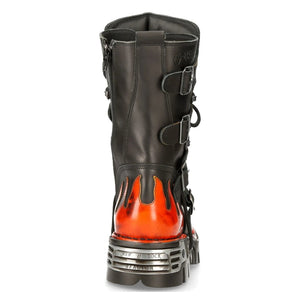M591-S1 NEWROCK New Rock RED FLAME METALLIC BLACK LEATHER BOOT BIKER GOTH BOOTS - New Rock - 6