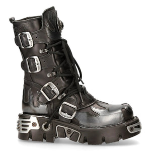 M591-S2 Newrock New Rock Silver Flame Metal Black Leather Emo Punk Goth Boots - New Rock - 1