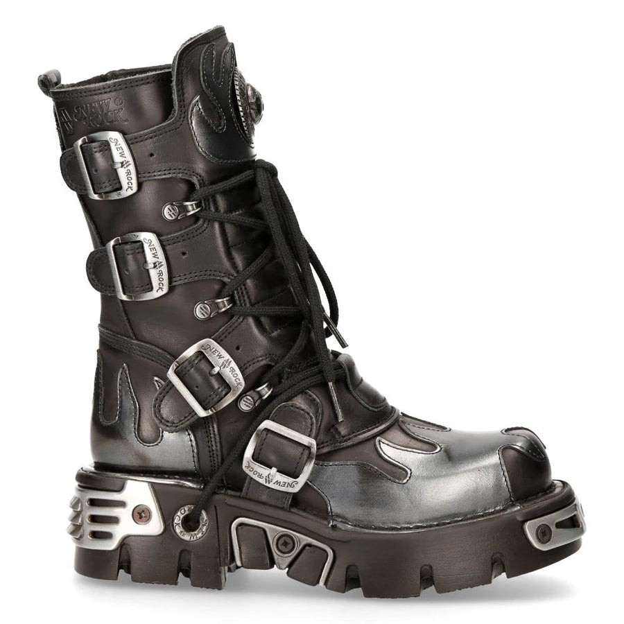M591-S2 Newrock New Rock Argent Flamme Métal Noir Cuir Emo Punk Goth Bottes - New Rock - 1