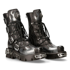 M591-S2 Newrock New Rock Silver Flame Metal Black Leather Emo Punk Goth Boots - New Rock - 2
