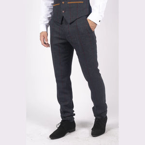 Pantalón de tweed en espiga en color azul marino con cuadros rojos al estilo vintage para hombre - Paul Andrew - 2
