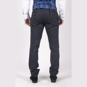 Pantalón de tweed en espiga en color azul marino con cuadros rojos al estilo vintage para hombre - Paul Andrew - 3