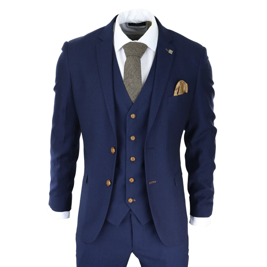 Herrenanzug 3 Teilig Marineblau Brauner Stich Vintage Retro Stil Birdseye Klassisch - Paul Andrew - 1