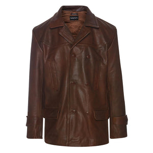 Giacca da Uomo in Vera Pelle Doppio Petto Lunga stile dr. who Sherlock - Legno Marrone - Infinity Leather - 16