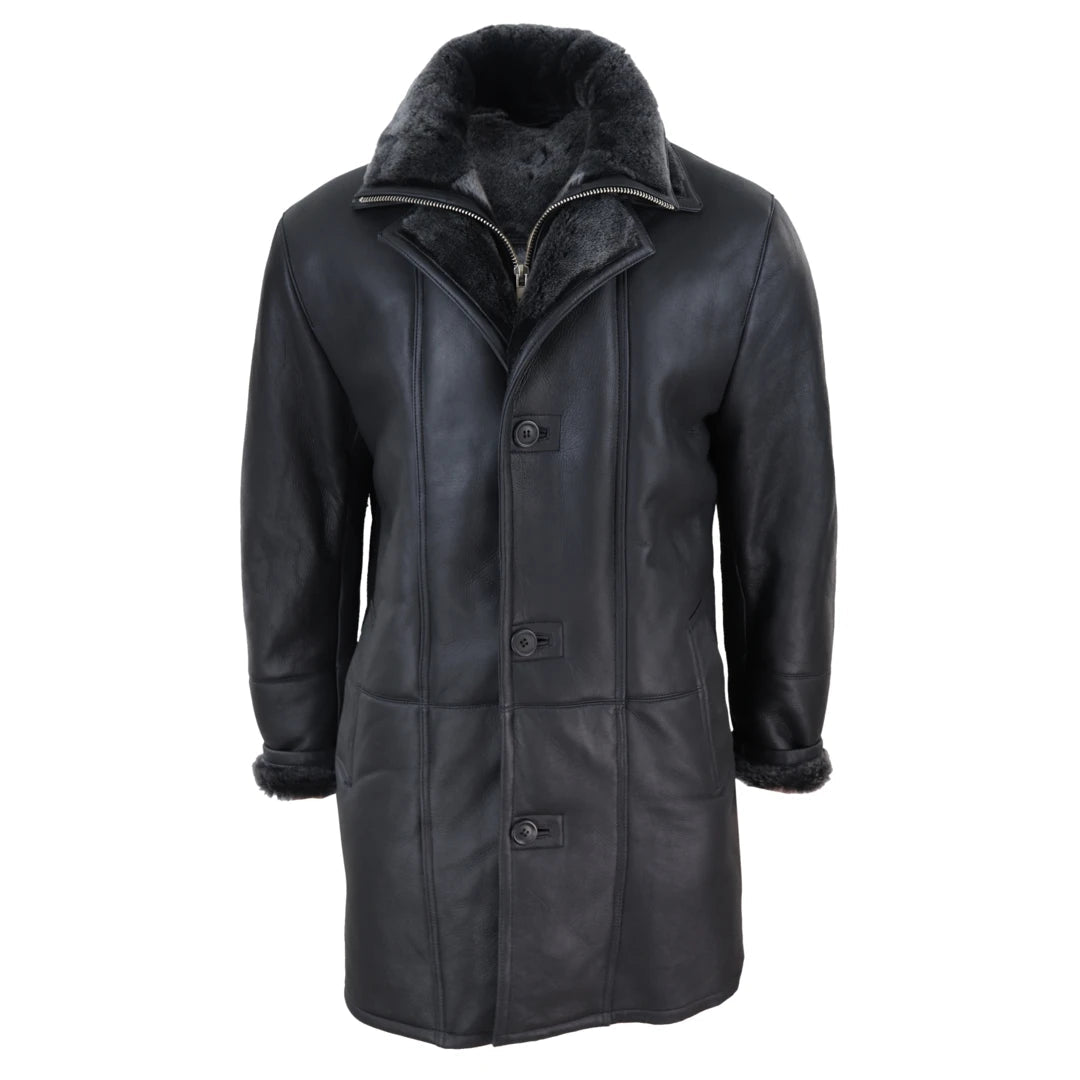 Herrenjacke 100% Echtleder 3/4 Schaffell Knopfleiste Reißverschluss Warm - Schwarz - Infinity Leather - 1