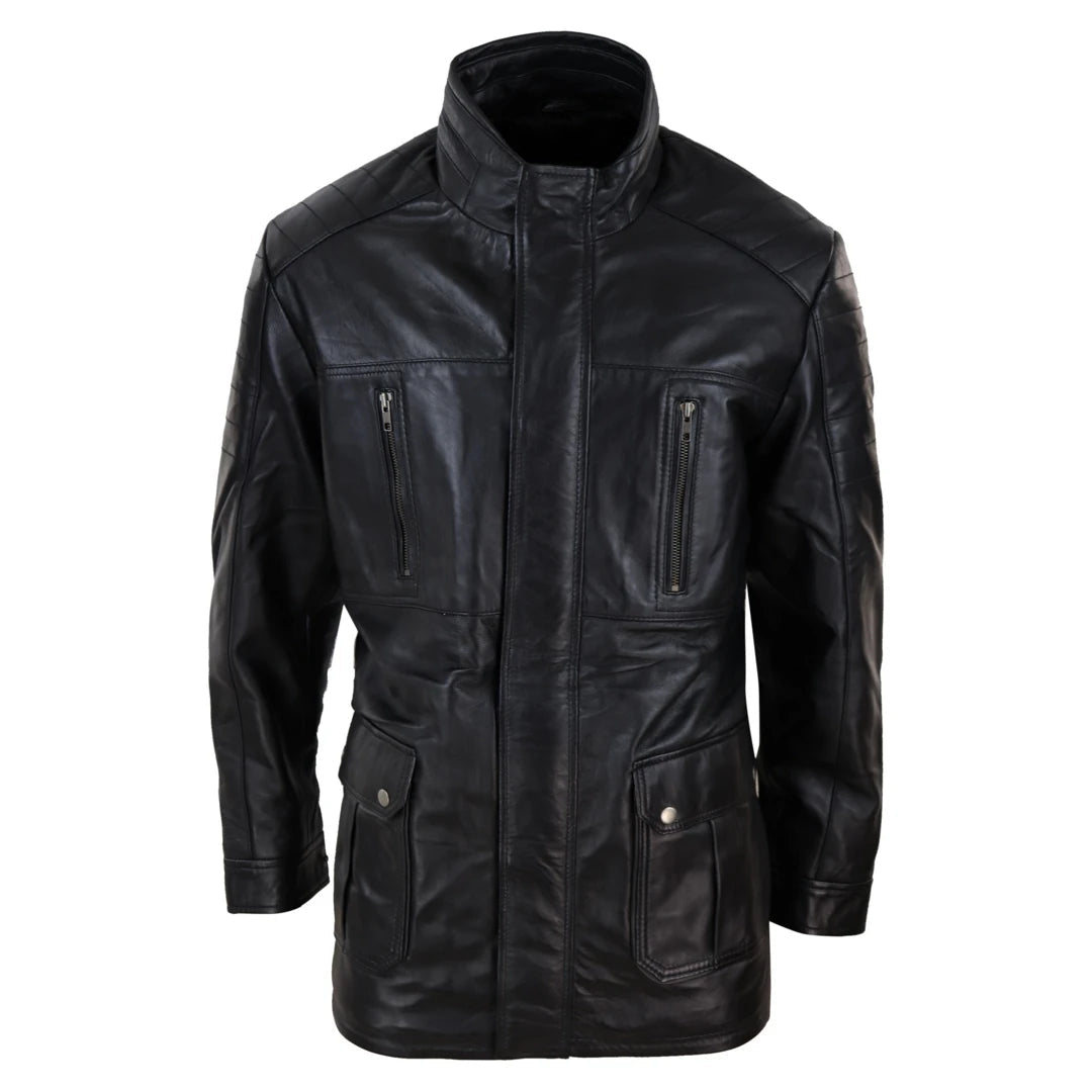 Giaccone Lungo da Uomo in Vera Pelle Invernale con Zip stile Safari - Nero - Infinity Leather - 1